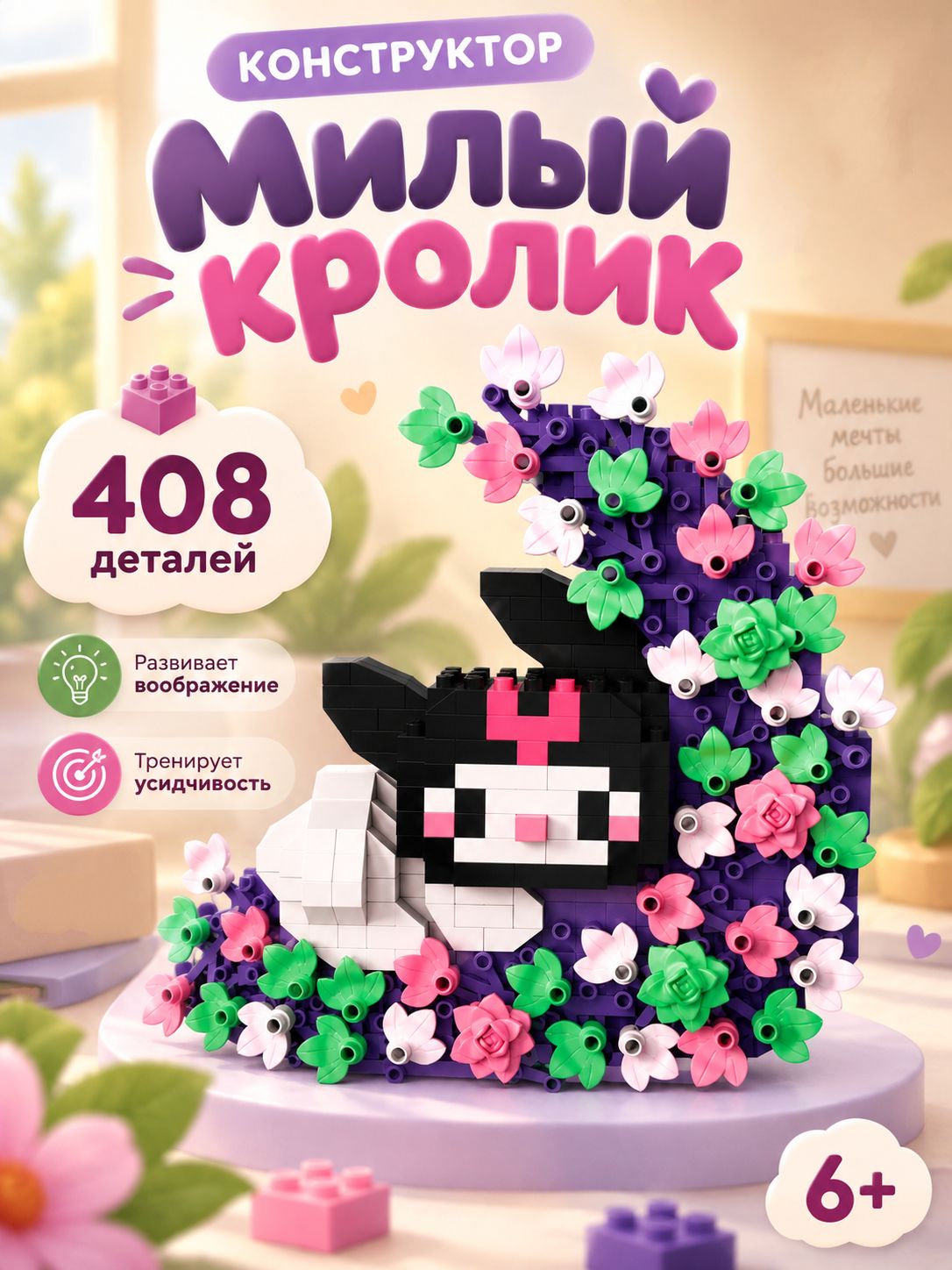 Мини конструктор 3д "Кролик в цветах" UNICON, конструктор из мини блоков