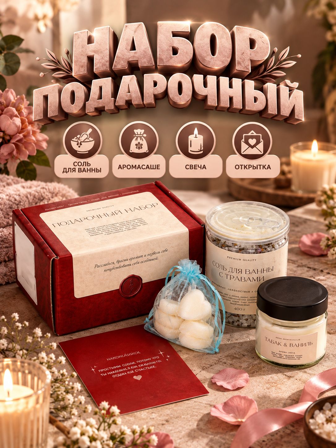 Набор соль для ванны, свеча, аромасаше, открытка