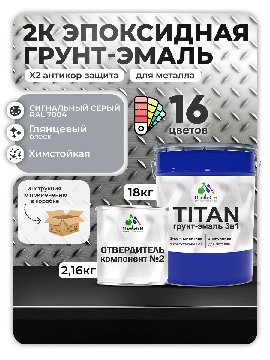 2К Эпоксидная грунт-эмаль Malare TITAN по металлу, двухкомпонентная для агрессивных сред и экстремальных условий, износостойкая, RAL 7004 сигнальный серый, глянцевая, (18 кг + 2,16кг отвердитель)