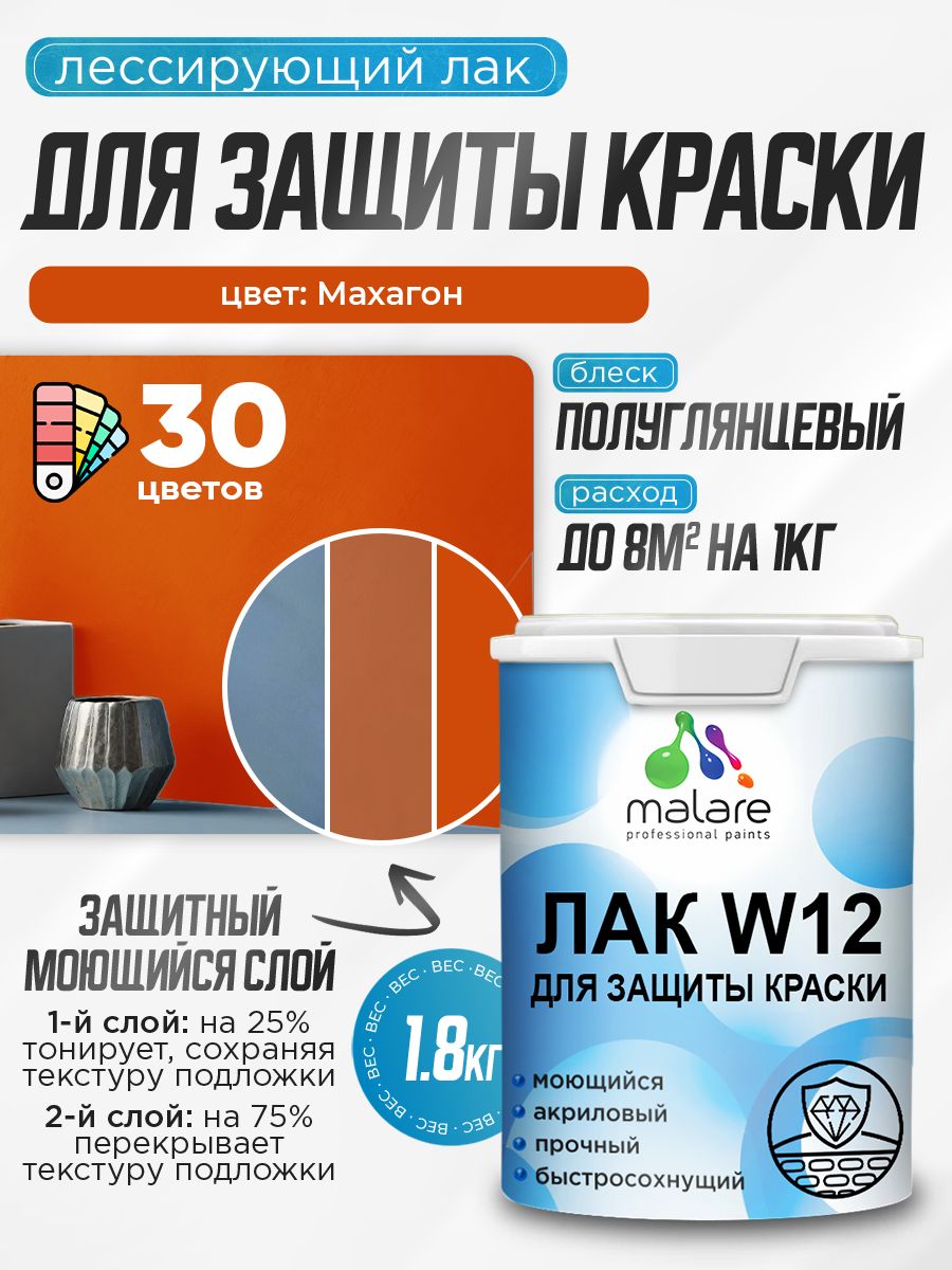 Лак колерованный тонирующий для защиты акриловых красок Malare W12 моющийся универсальный быстросохнущий экологичный, полуглянцевый, махагон, 1.8 кг.