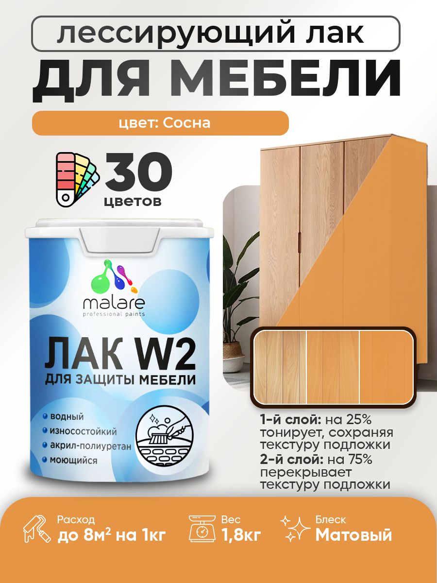 Лак колерованный тонирующий лак для мебели Malare W2 для кухонных фасадов, для дерева и минеральных поверхностей, акриловый быстросохнущий без запаха, матовый, сосна, 1.8 кг.