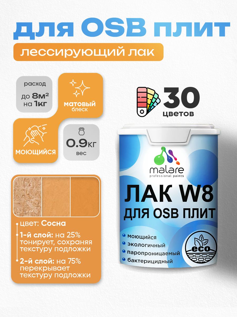 Лак колерованный тонирующий для защиты ОСБ плит Malare W8 для дерева и минеральных поверхностей, паропроницаемый водный без запаха, матовый, сосна, 0.9 кг.