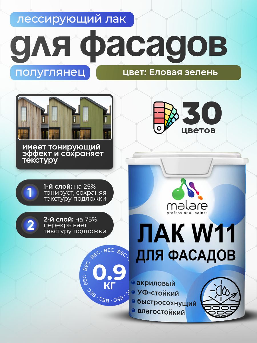 Лак колерованный тонирующий фасадный Malare W11 для защиты фасадов зданий, для дерева, камня и кирпича, быстросохнущий влагостойкий экологичный, полуглянцевый, еловая зелень, 0.9 кг.