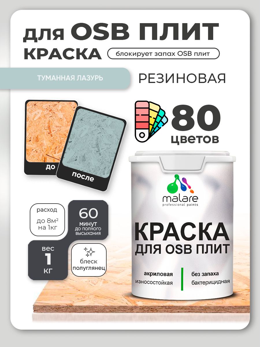 Резиновая краска для ОСБ плит Malare акриловая краска для дерева для наружных и внутренних работ, быстросохнущая без запаха полуглянцевая, туманная лазурь, 1 кг