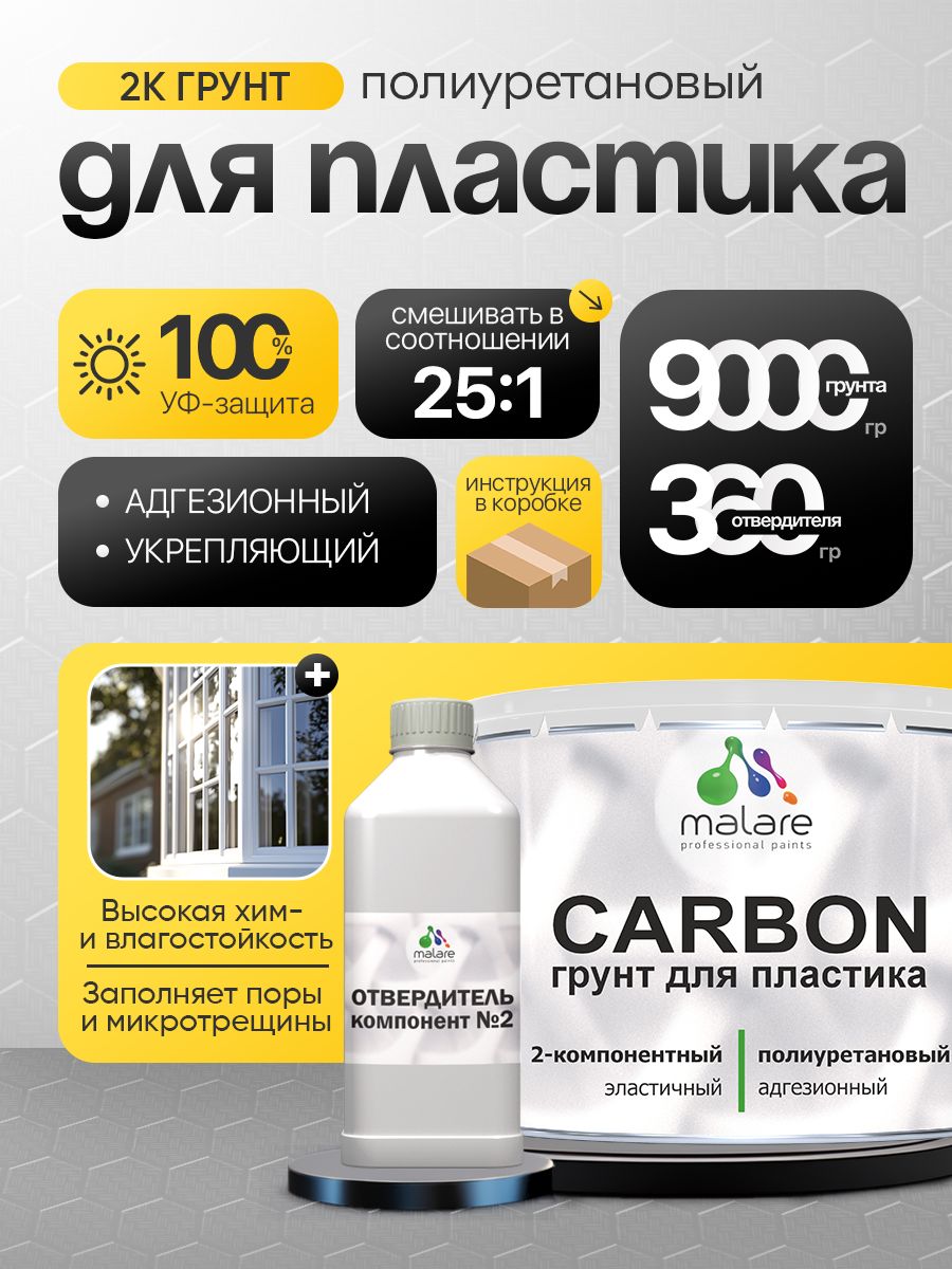 2К Полиуретановый грунт Malare CARBON для пластика, двухкомпонентный адгезионный выравнивающий высокопрочный износостойкий, укрепляющий, УФ-стойкий эластичный (9 кг + 360 гр отвердитель)