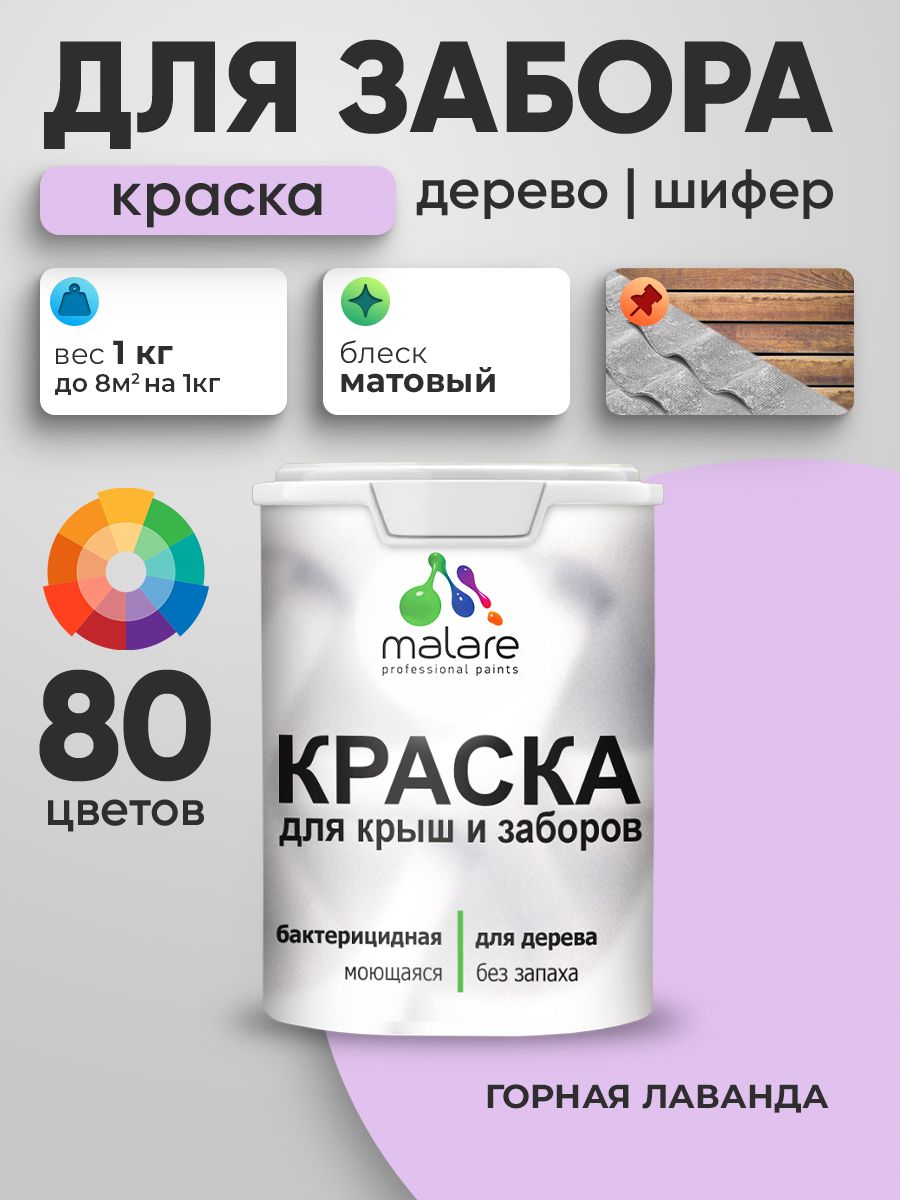 Акриловая краска Malare для деревянного забора/ по дереву для наружных и внутренних работ/ быстросохнущая моющаяся без запаха, матовая, горная лаванда, 1 кг.