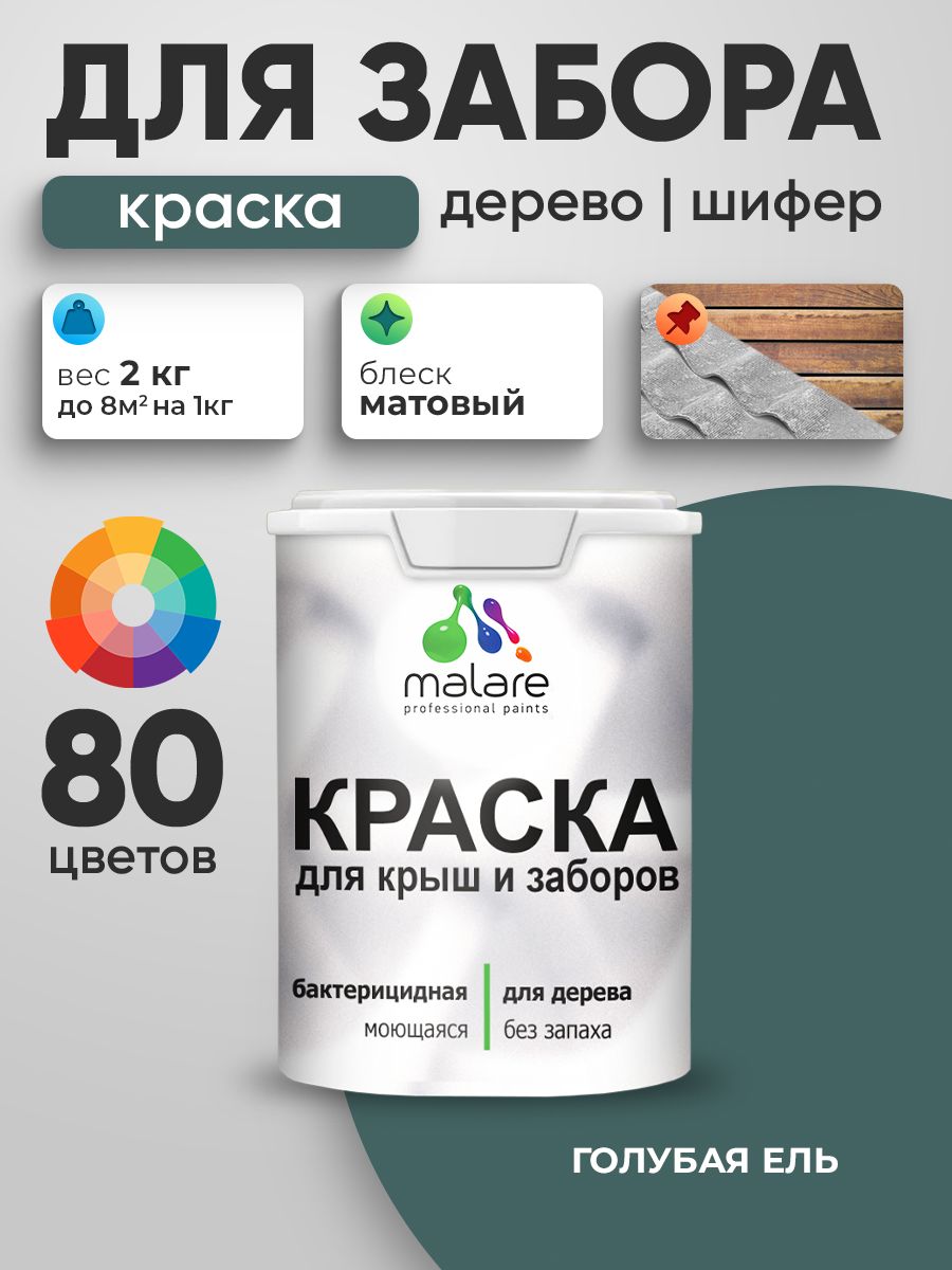 Акриловая краска Malare для деревянного забора/ по дереву для наружных и внутренних работ/ быстросохнущая моющаяся без запаха, матовая, голубая ель, 2 кг.