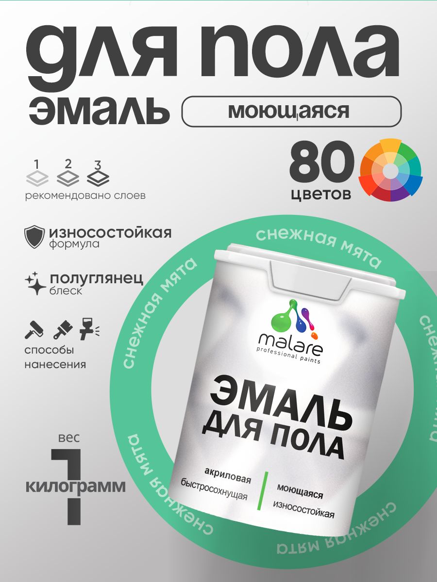 Эмаль для пола акриловая Malare краска для бетонных полов по дереву/ износостойкая без запаха, быстросохнущая моющаяся полуглянцевая, снежная мята, 1 кг
