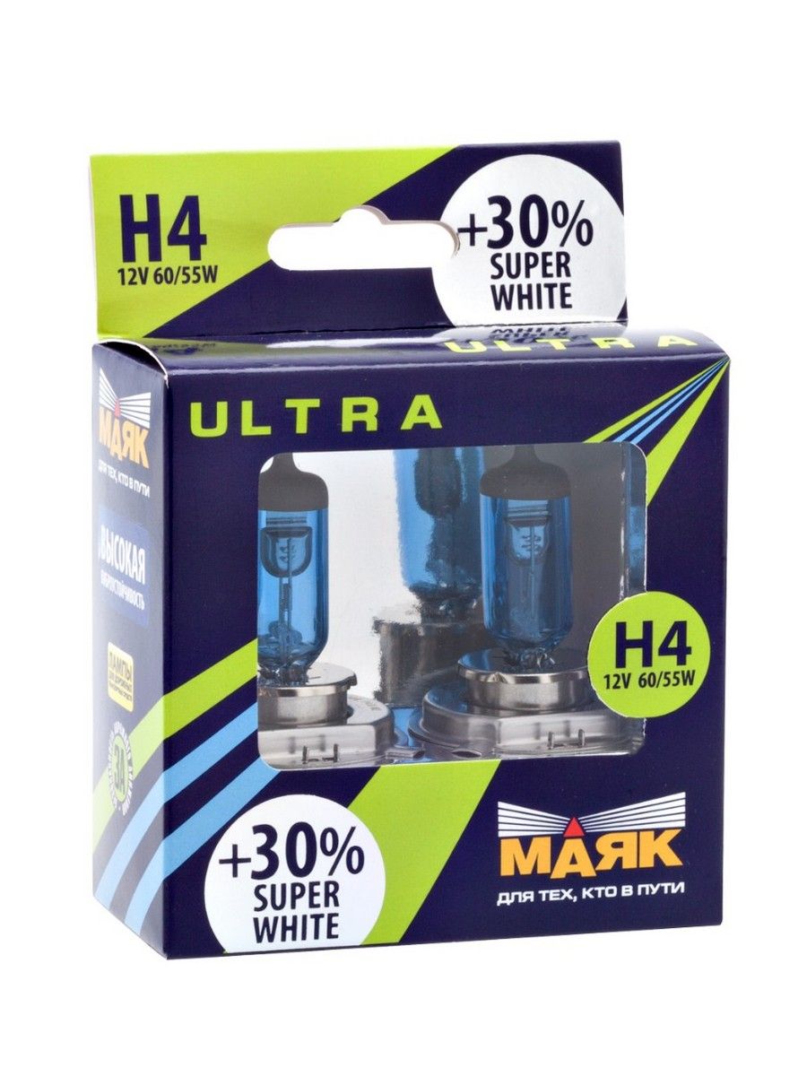 Лампа галоген H4 12V 60/55W P43t УЛЬТРА Super White к-т 2шт (МАЯК)