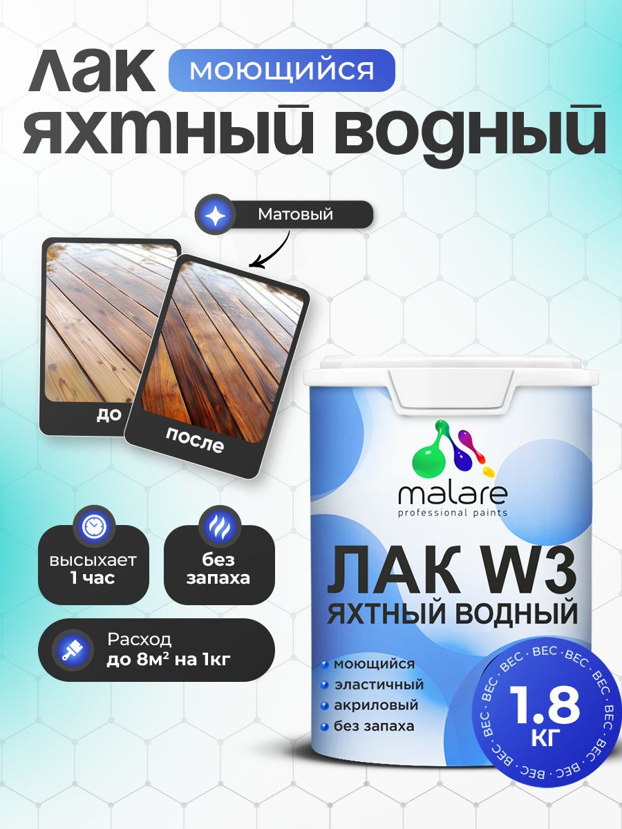 Яхтный лак Malare W3 для деревянных и минеральных поверхностей, водный без запаха быстросохнущий, прозрачный, матовый, 1.8 кг.