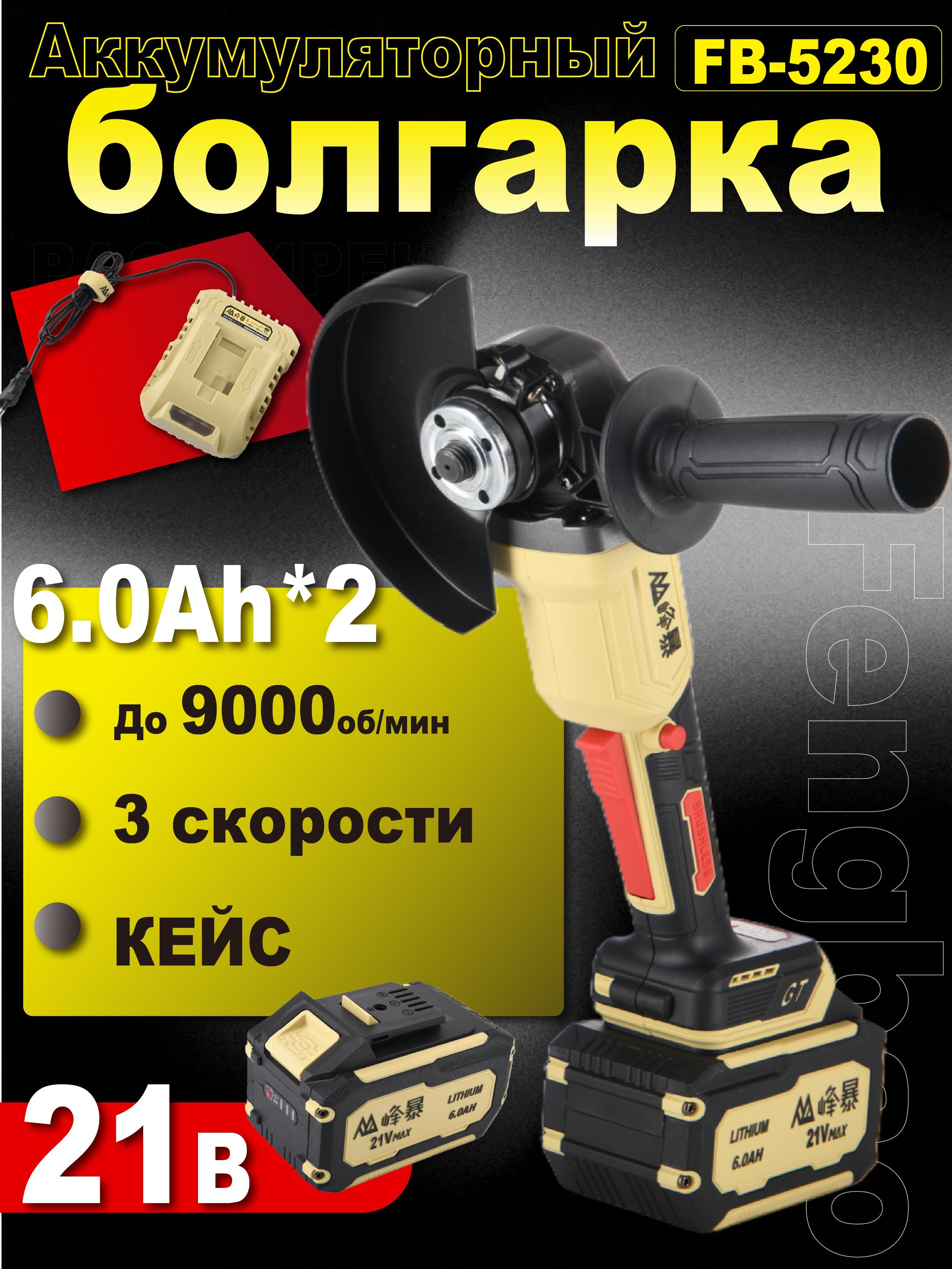 FengBAO,АккумуляторнаяУШМ125мм,FB-5230B,21В,2х6.0АчLi-Ion,вкейсе