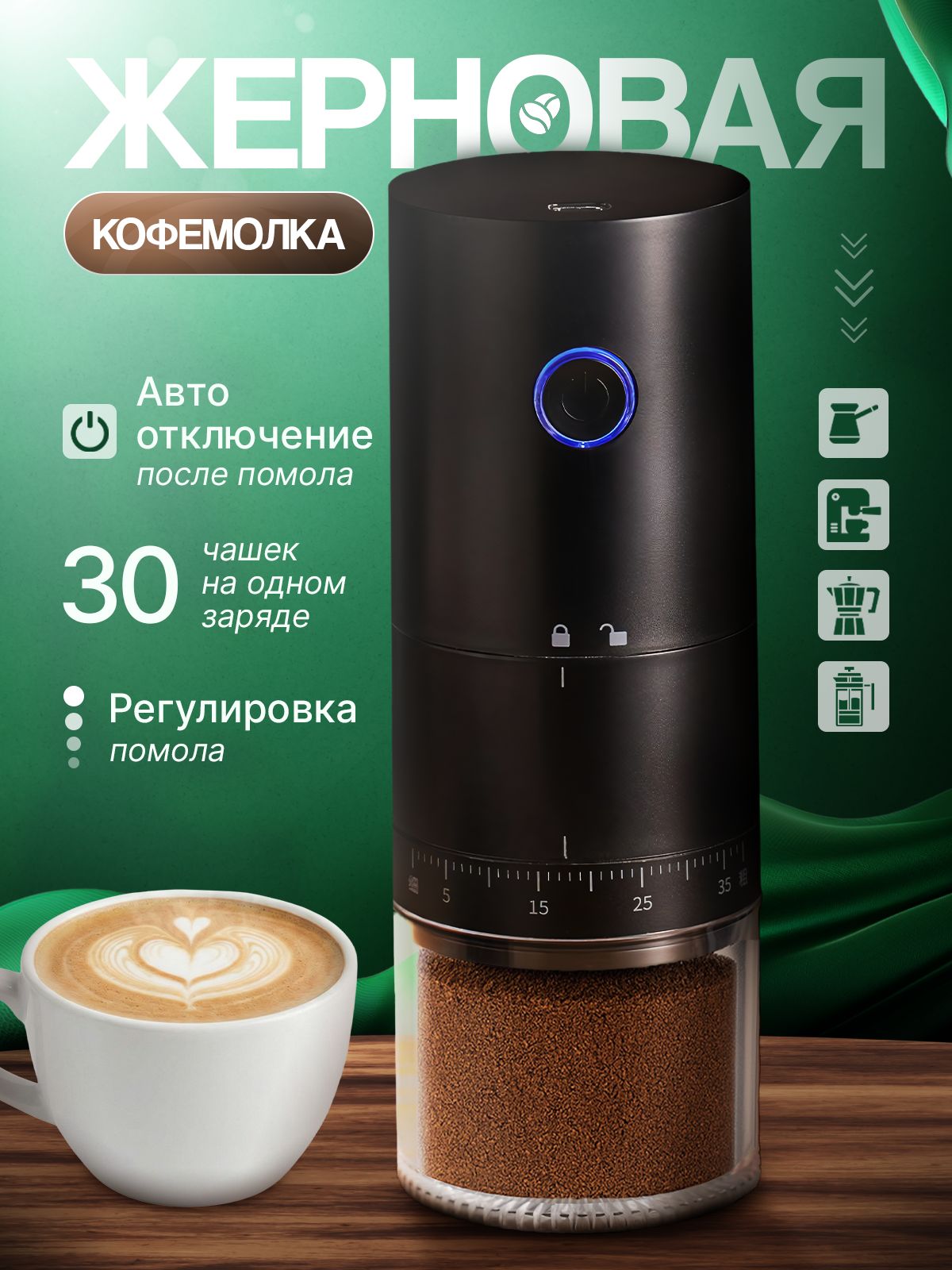 Портативнаякофемолкаэлектрическаяжерноваясрегулировкойпомола