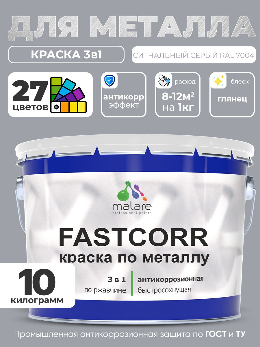 Краска для металла по ржавчине Malare FastCorr, для наружных работ износостойкая, быстросохнущая RAL 7004 сигнальный серый, глянцевая, 10 кг
