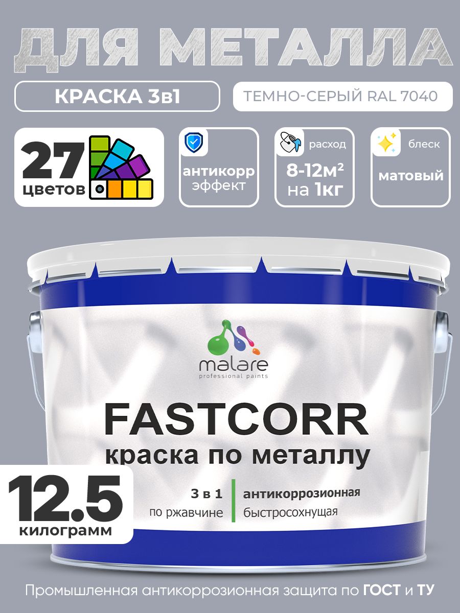 Краска для металла по ржавчине Malare FastCorr, для наружных работ износостойкая, быстросохнущая RAL 7040 темно-серый, матовая, 12,5 кг