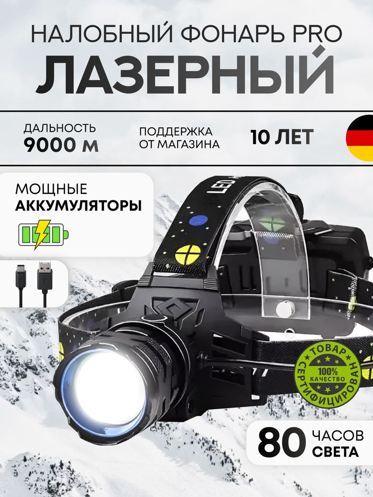 Фонарь налобный, аккумуляторный, светодиодный, LED с зарядкой #1