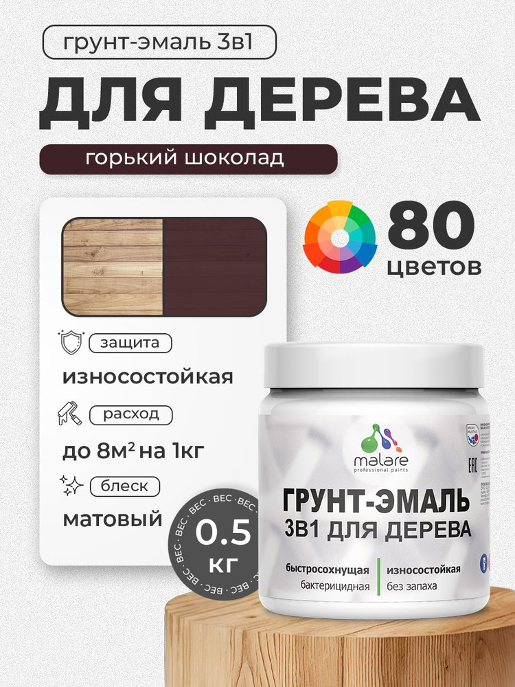 Акриловая Грунт-Эмаль 3 в 1 Malare для деревянных поверхностей с антисептическим эффектом, быстросохнущая, #1