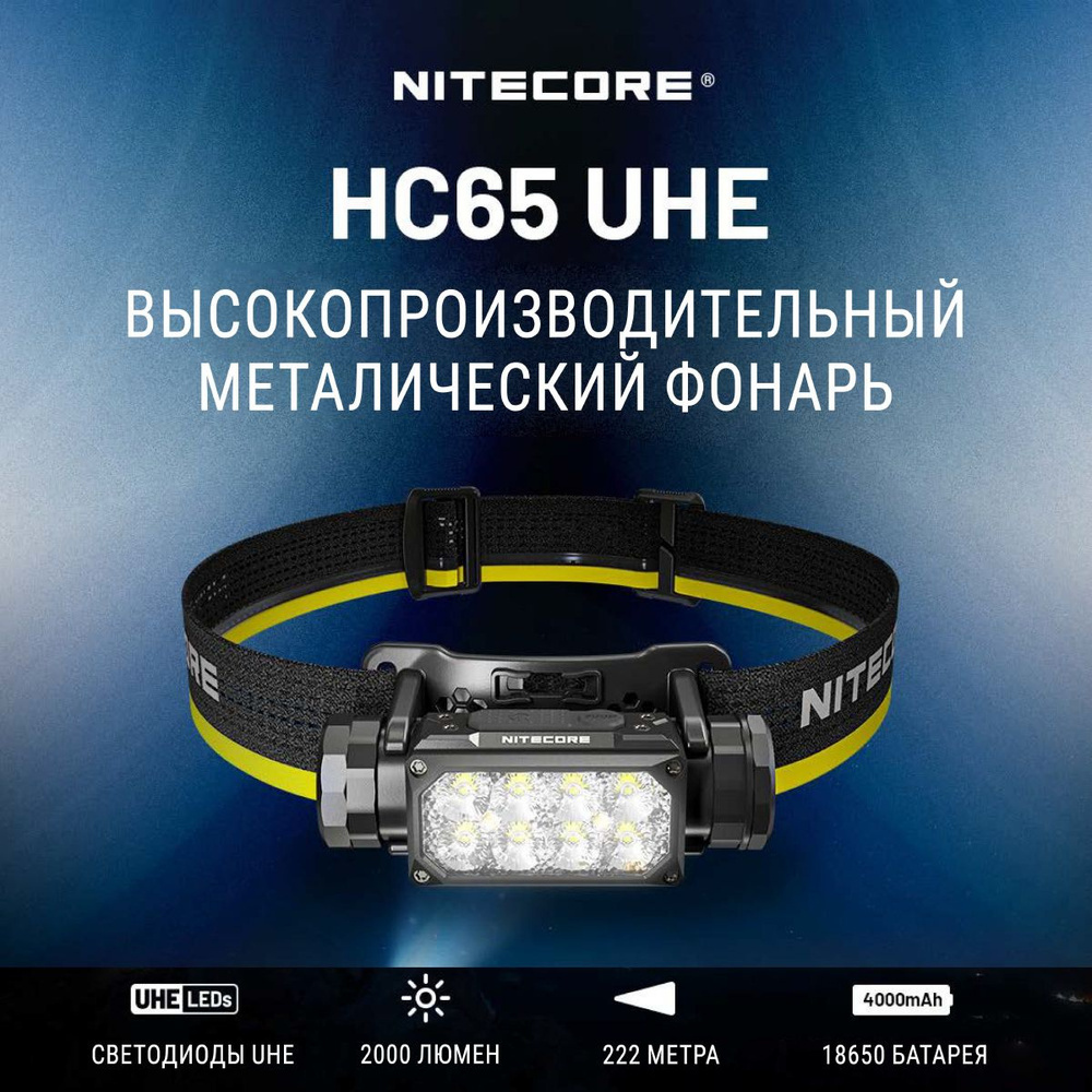 Фонарь налобный Nitecore HC65 UHE 2000 люмен, дальность 222м #1