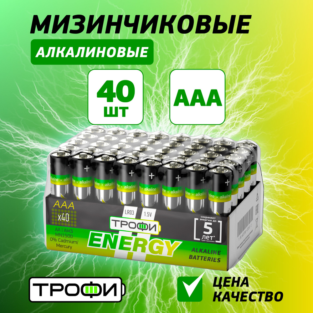 Батарейки ААА LR03 мизинчиковые алкалиновые Трофи LR03-40 bulk ENERGY  Alkaline для телефона, весов, игрушек, звонка, пульта / Элементы питания  1,5 В, 1120 мАч, 40 штук - купить с доставкой по выгодным ценам в  интернет-магазине OZON (613878574)