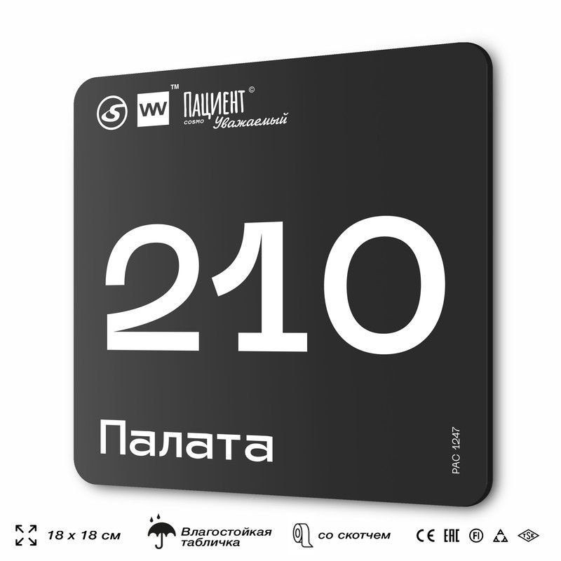 Табличка информационная "Палата №210" для медучреждения, 18х18 см, пластиковая, SilverPlane x Айдентика #1