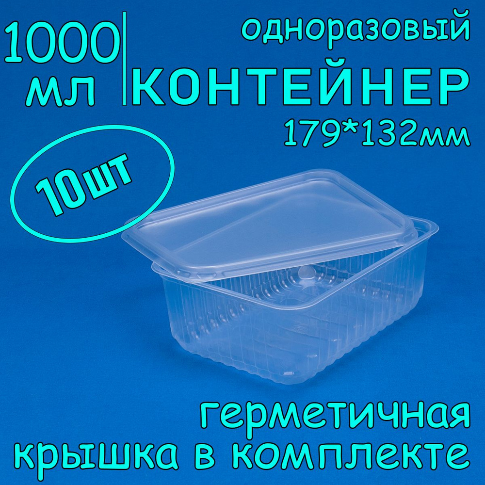 Одноразовый контейнер с крышкой 1000 мл, 10 шт, 179*132 мм для хранения и  заморозки