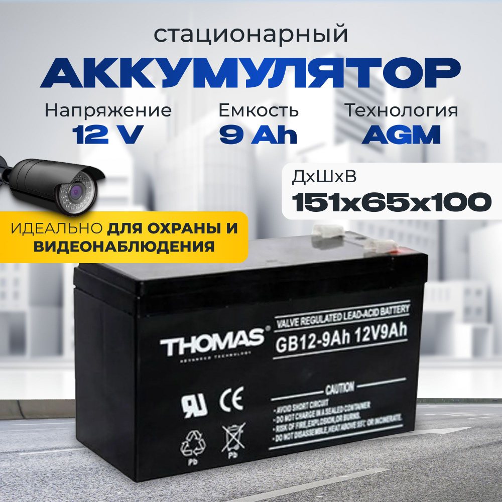 Аккумулятор для ибп 12v 9Ah Thomas F2/T2 акб для охранно-пожарных систем,  видеонаблюдения, детских машинок, электромобиля, эхолота, насоса, ...