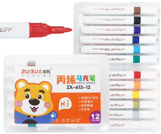 Акриловые маркеры 12 цветов Zuixua Acrylic Marker круглый наконечник 2-3 мм для рисования на любых поверхностях #1