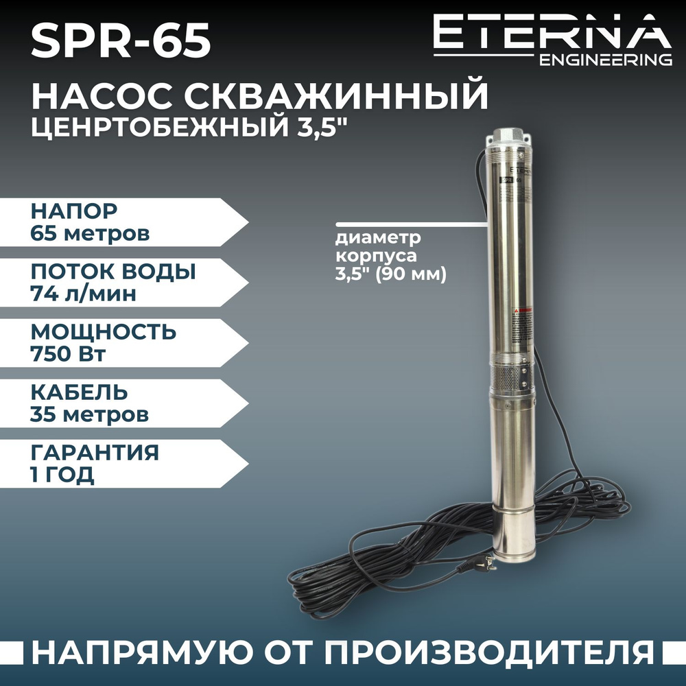 Насос скважинный ETERNA SPR-65 погружной центробежный для подачи воды из  скважины, 4400 л/ч, напор 65 м, 750 Вт