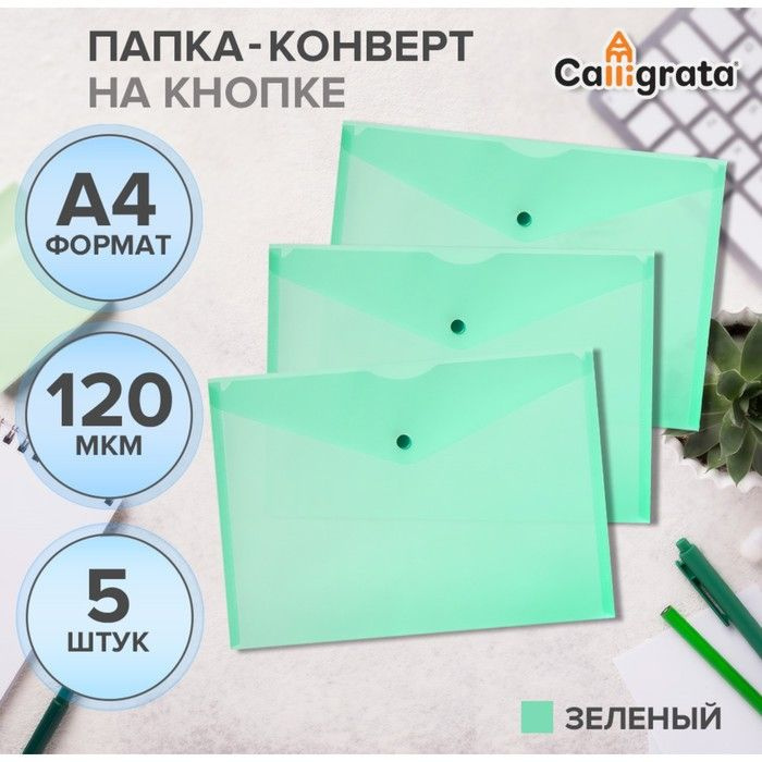 Набор папок-конвертов на кнопке 5 штук Calligrata, А4, 120мкм, зеленые  #1