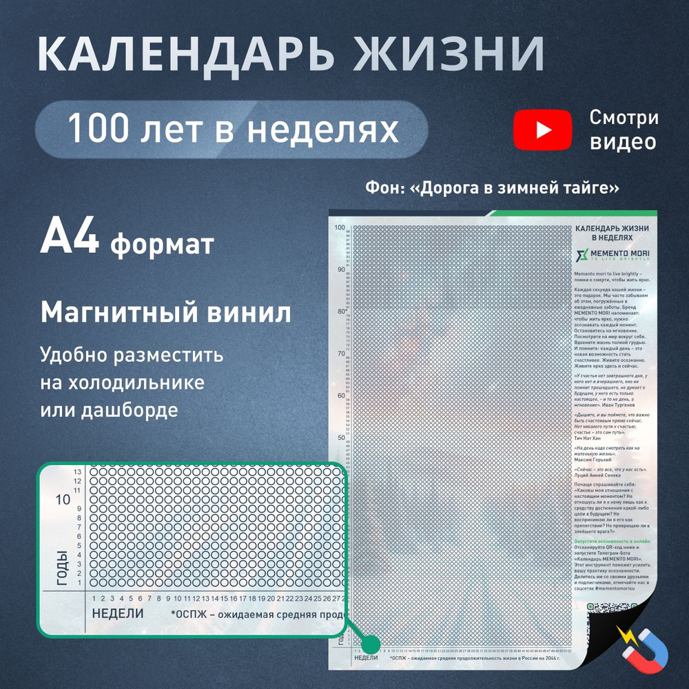 Календарь жизни в неделях А4 таблица 100 лет жизни / Мотивирующий ...