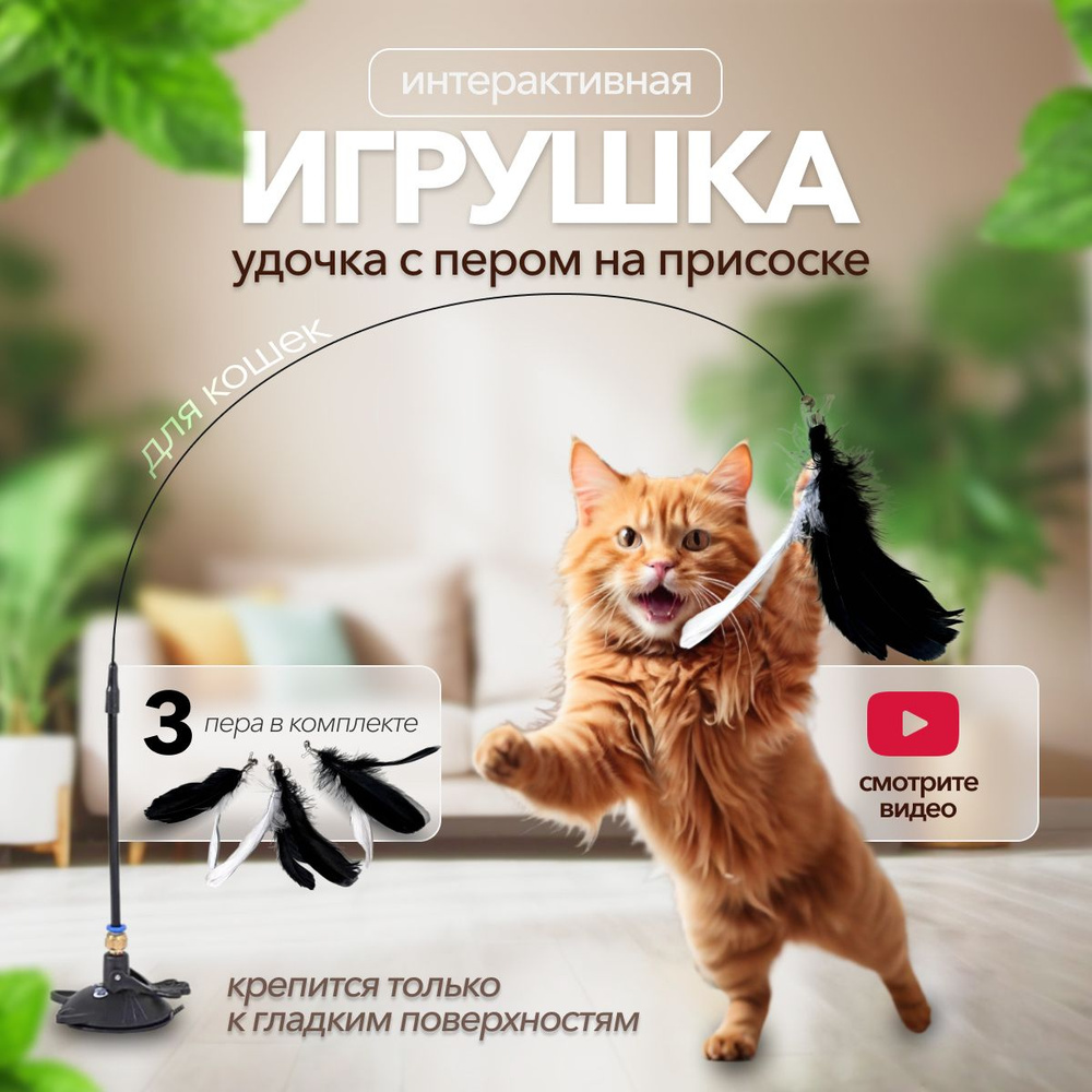 Игрушка интерактивная для кошек , котят, котов. Удочка дразнилка на присоске. 3 пера в комплекте N  #1