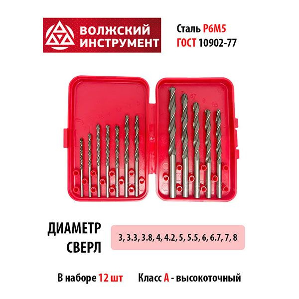 Набор сверл по металлу 12шт. 3-8мм Р6М5, ГОСТ 10902-77 - купить с ...