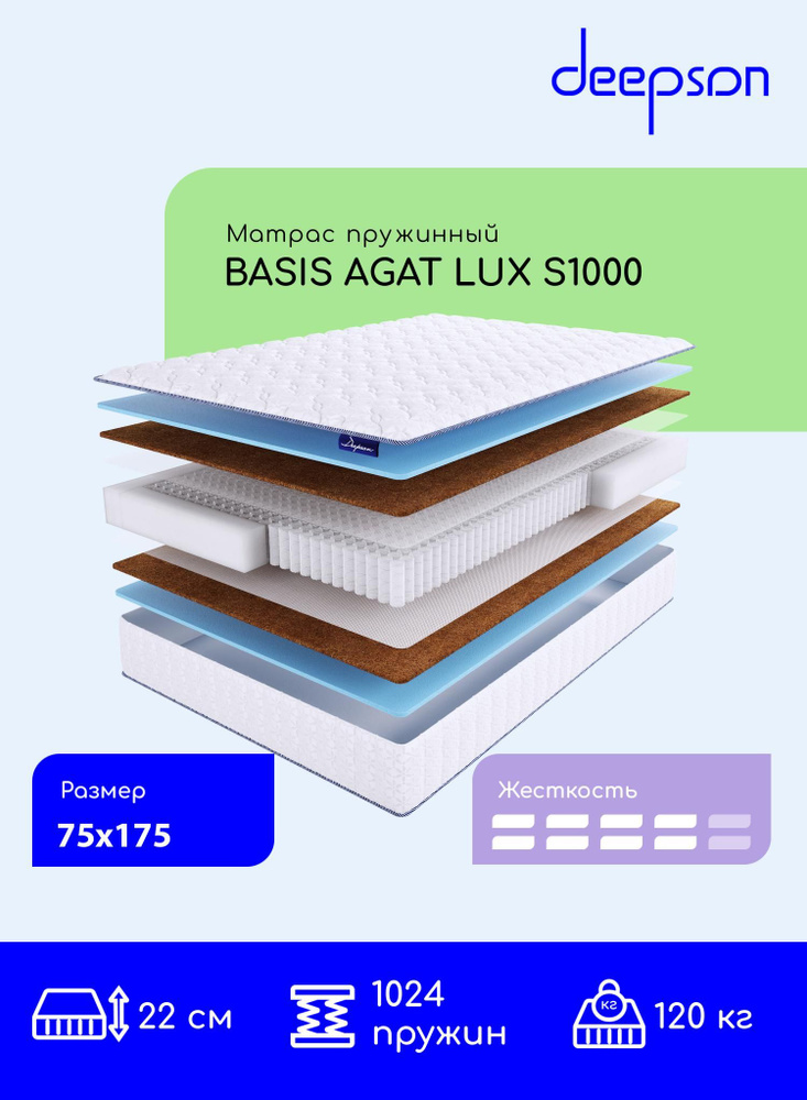 Deepson BASIS AGAT LUX S1000 выше средней жесткости, Детский, Беспружинный, На кровать 75x175  #1