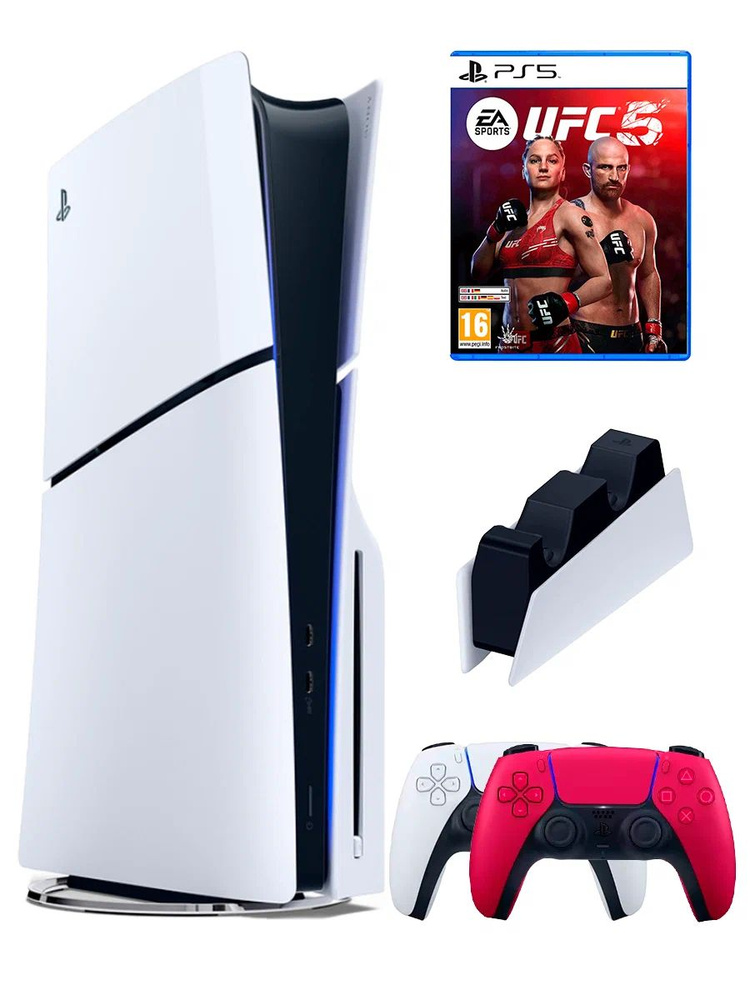 PS5 (ПС5) Игровая приставка Sony PlayStation 5 Slim +2-й геймпад(красный)+зарядное+игра UFC 5, 1000ГБ #1