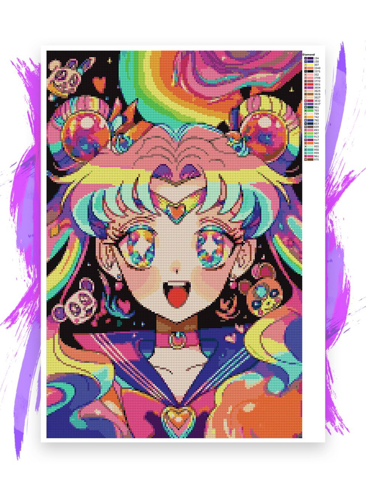 Алмазная мозаика без подрамника - вышивка Sailor moon rainbow art #1