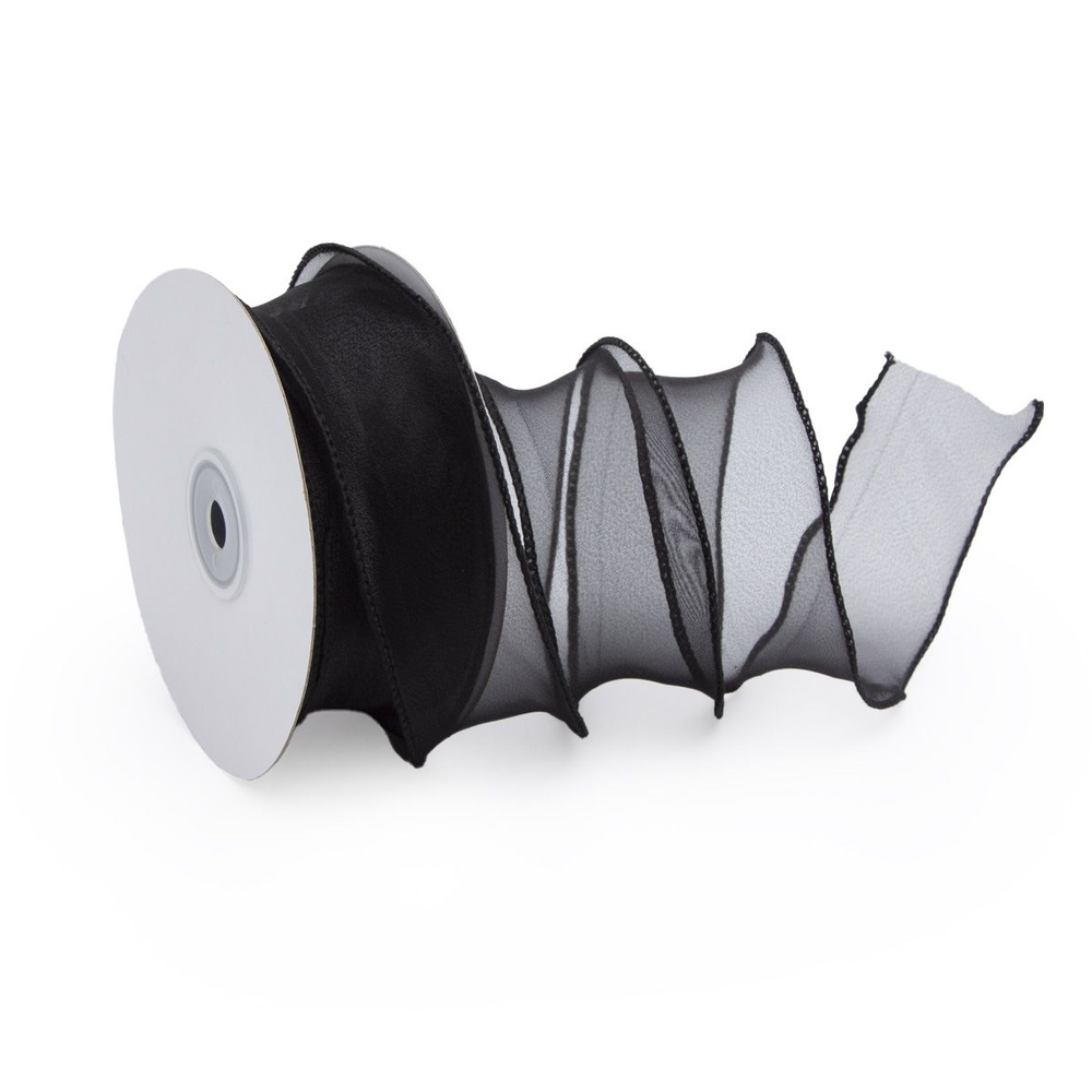 Лента упаковочная декоративная для подарков, с волнистым краем, органза, 38 мм*18.29 м, Айрис, черный #1