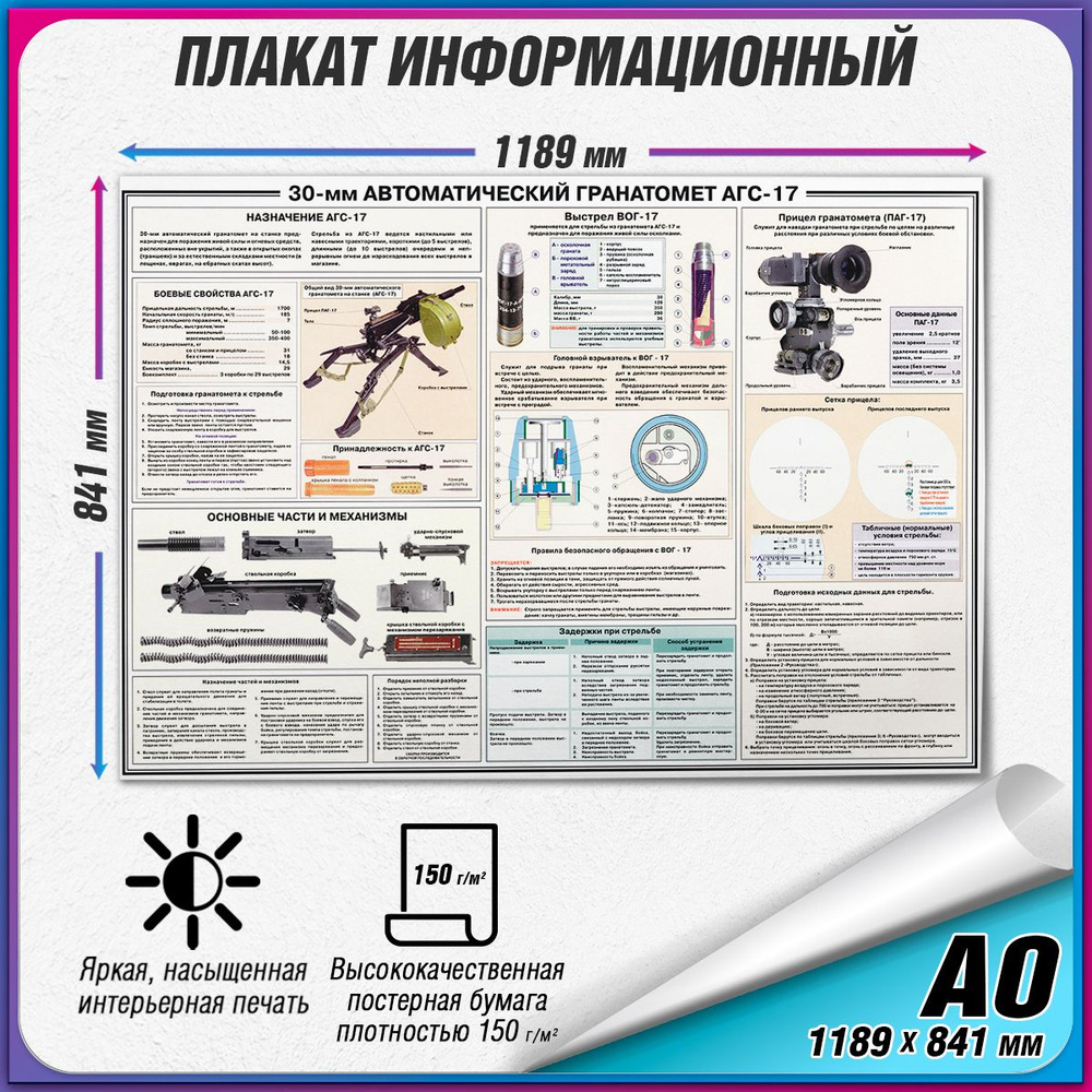 Информационный учебный плакат "30-мм Автоматической Гранатомет АГС-17" / А0 (119x84 см.)  #1