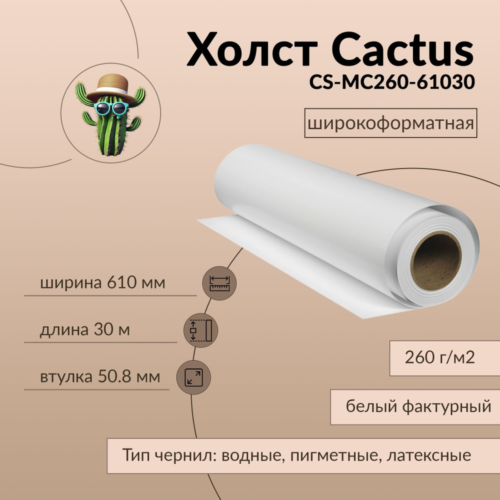 Холст Cactus 610мм-30м/260г/м2 белый матовый , втулка:50.8мм #1