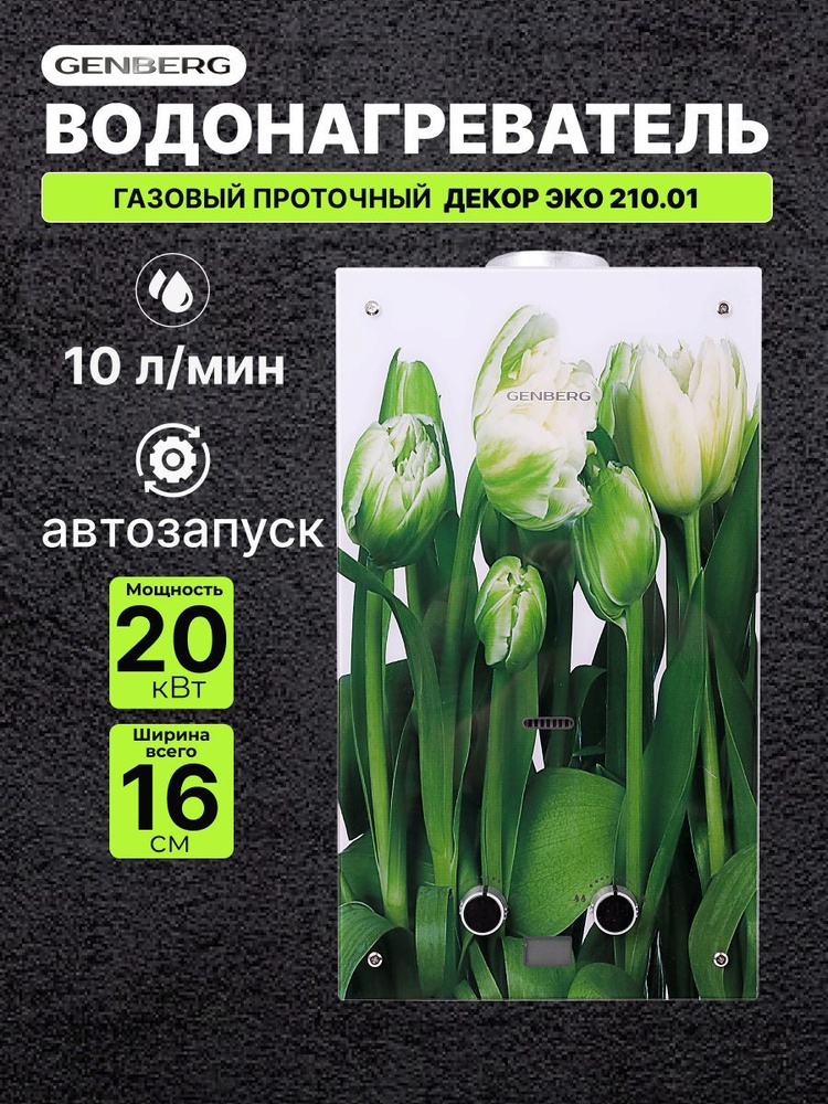 Газовый водонагреватель проточный GENBERG ДЕКОР ЭКО 210.01 Тюльпаны 20 кВт 10 л. / Газовая колонка  #1