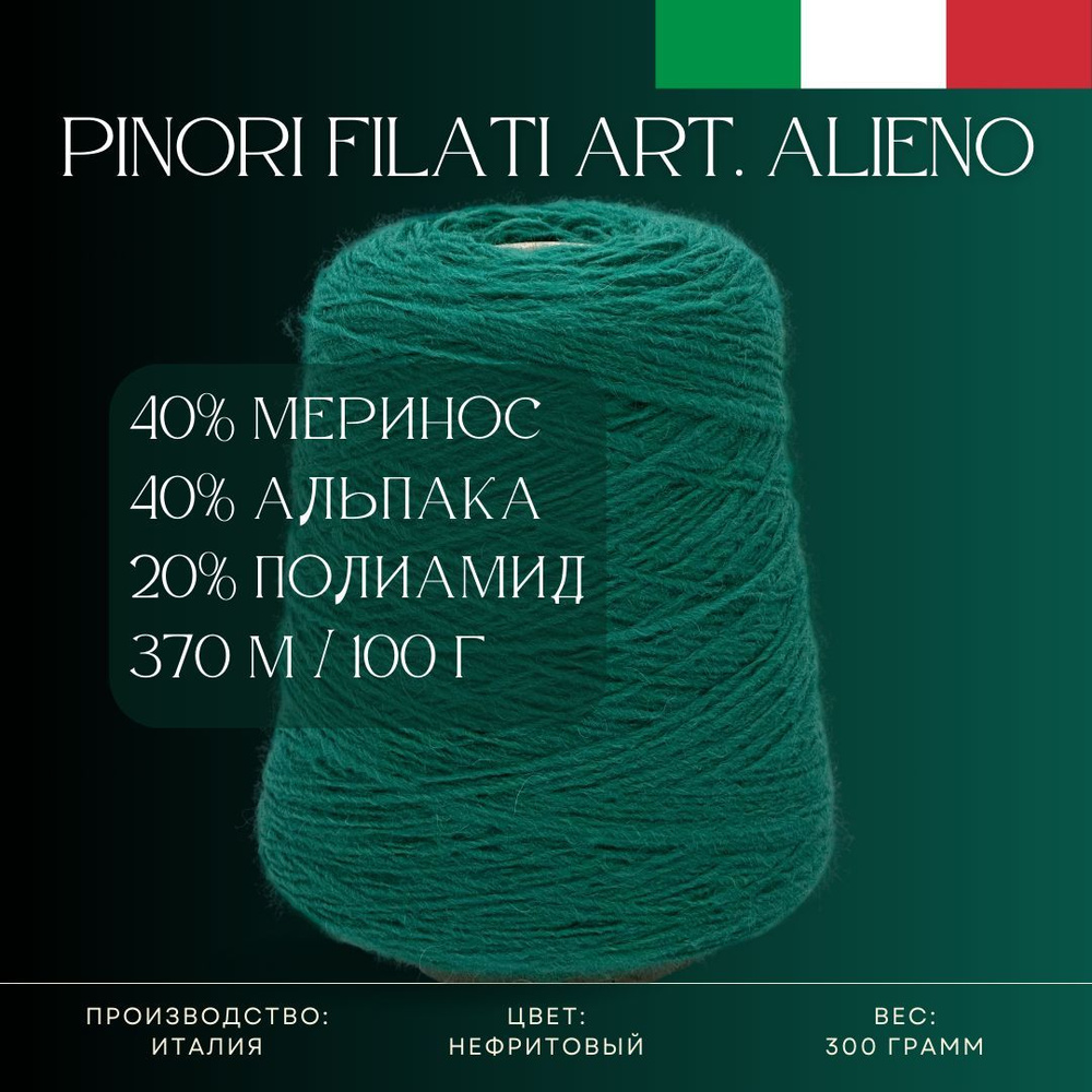 40% Меринос 40% Альпака 20% Полиамид, Бобинная пряжа из Италии Pinori Filati Art. Alieno Нефритовый  #1