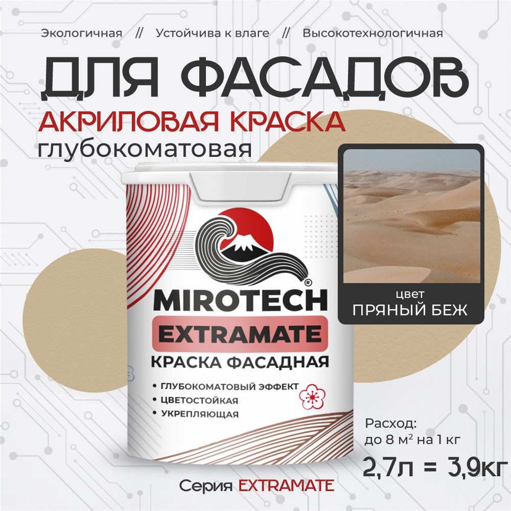 Акриловая краска для фасадов MIROTECH EXTRAMATE для наружных работ, для дерева, камня и кирпича, по бетону #1