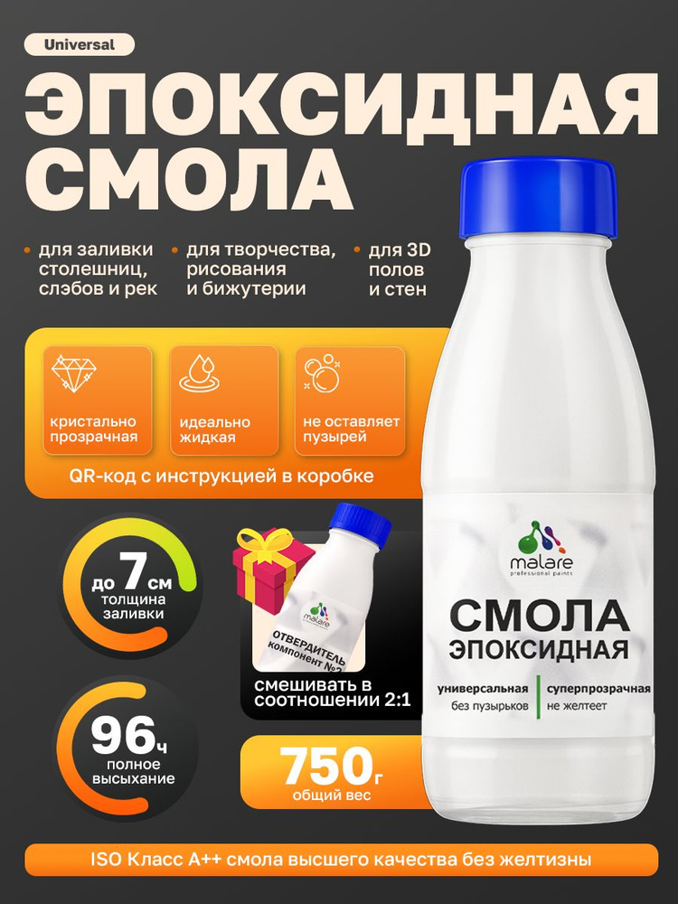 2К Эпоксидная смола Malare универсальная, двухкомпонентная кристально-прозрачная, самовыравнивающаяся #1