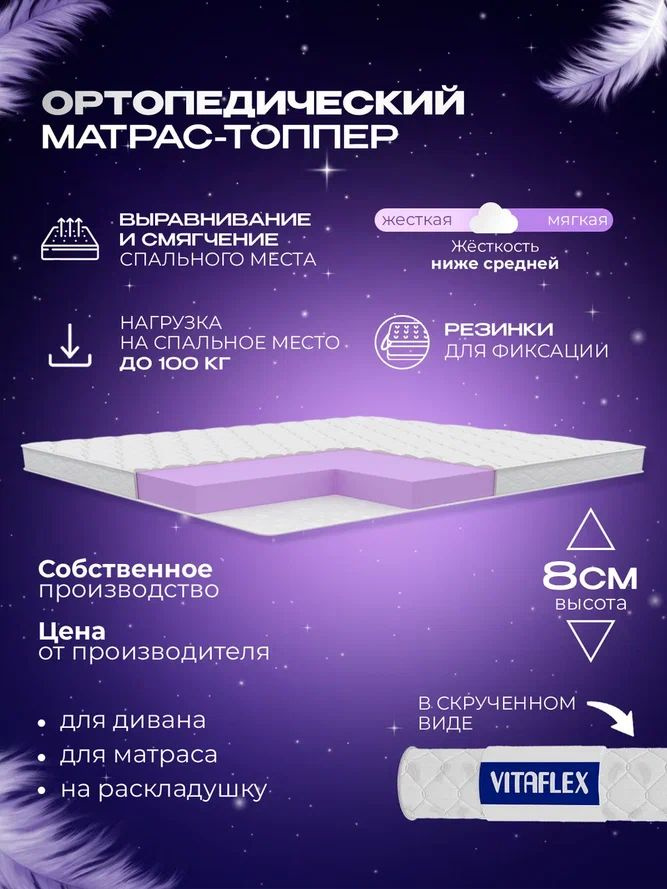 Матрас-топпер 80х195 см ортопедический VITAFLEX Soft Tricot 7х4Sk беспружинный, защитный, с резинками #1