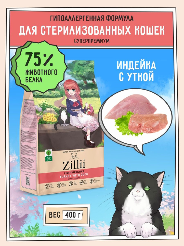 Корм для кошек сухой стерилизованных и кастрированных котов 400 г гипоаллергенный ZILLII (Зилли) Индейка #1