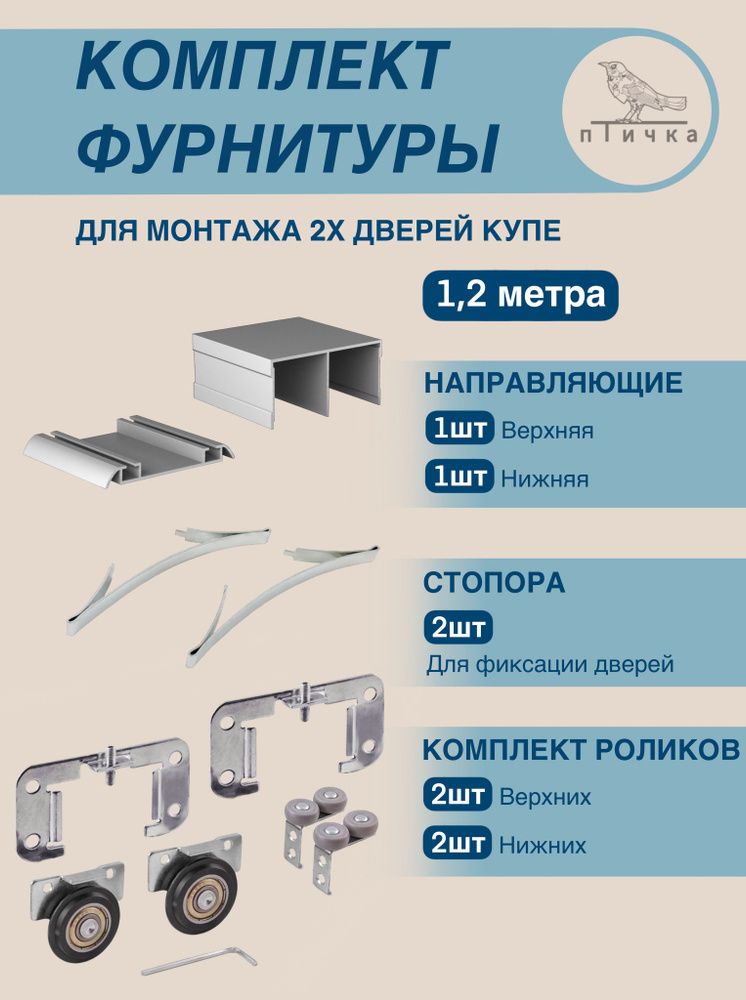 Направляющие для шкафа купе комплект 1.2 м фурнитура для раздвижных дверей, ролики и стопоры на 2 двери, #1
