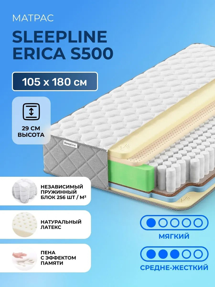 Матрас 105х180 Sleepline Erica S500, независимые пружины, двусторонний с разной жесткостью, мягкий, cредне-жёсткий, #1