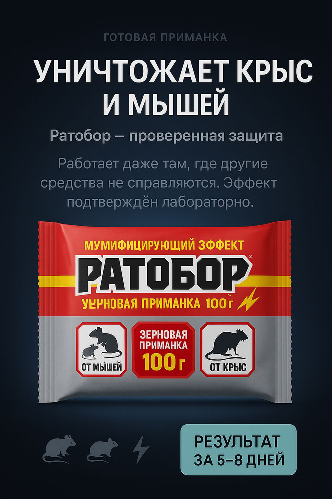 Приманка Ратобор 100г от крыс и мышей: зерно-аттрактант, двойная сила мыши+крысы, готово к применению #1