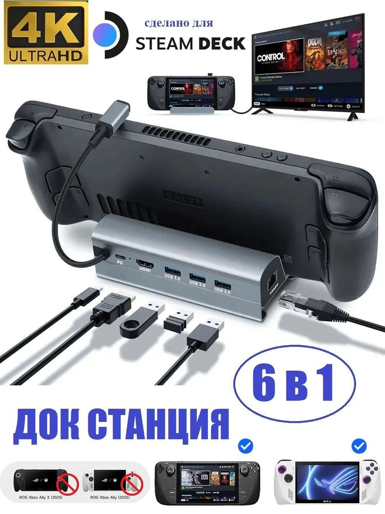 Док станция хаб USB-С 6 в 1 для Steam Deck, Steam Deck OLED, ROG