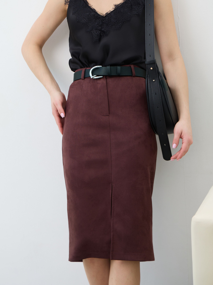Юбка Женский SLN винный Экозамша карандаш, размер 42 Пуговицы, Молния ...