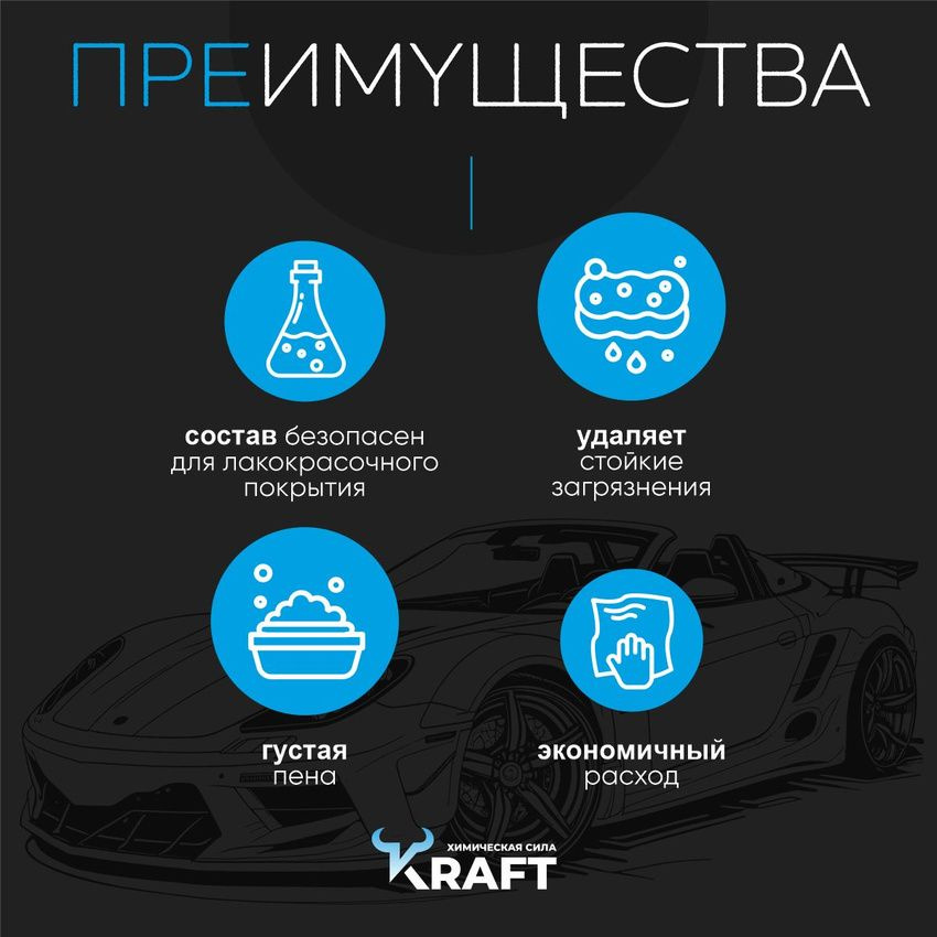 Автошампунь для бесконтактной мойки. Средство для бесконтактной мойки Kraft Ultra - наиболее мощная активная пен из линейки бренда Kraft. Шампунь отлично убирает стойкие загрязнения, жировые, масляные подтеки, дорожный реагент, не повреждая ЛКП автомобиля. Бесконтактный автошампунь для легковых и грузовых автомобилей, мотоциклов, квадроциклов, коммерческой и сельскохозяйственной технике. Бесконтактная автохимия  разработана для жесткой воды и удаляет дорожную грязь, реагенты, масло, мазут, следы от насекомых и древесных почек, пыль и другие виды загрязнений с поверхностей машины: лакокрасочного покрытия кузова, металла, наружного пластика, стекол, резины и дисков авто. Комплексообразователи в составе бесконтакта помогают бороться с жесткостью воды. Ингибиторы коррозии препятствуют образованию ржавчины. Благодаря тщательному очищению кузова позволяет достигать эффекта жидкого воска – автомобиль приобретает глянцевый блеск после мойки.