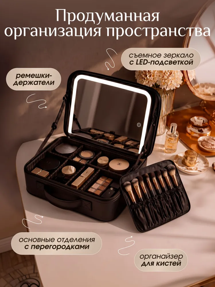 Косметичка большая дорожная с зеркалом и подсветкой, вариант, фото 2